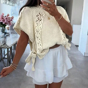 Apricot Casual Women's Fashion Side Tie Round Neck Cap Sleeve Sweater